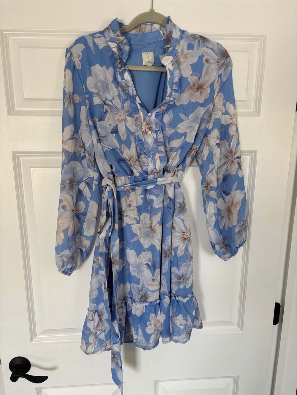 Joie Blue Floral Tie-Waist Dress with Ruffle Hem